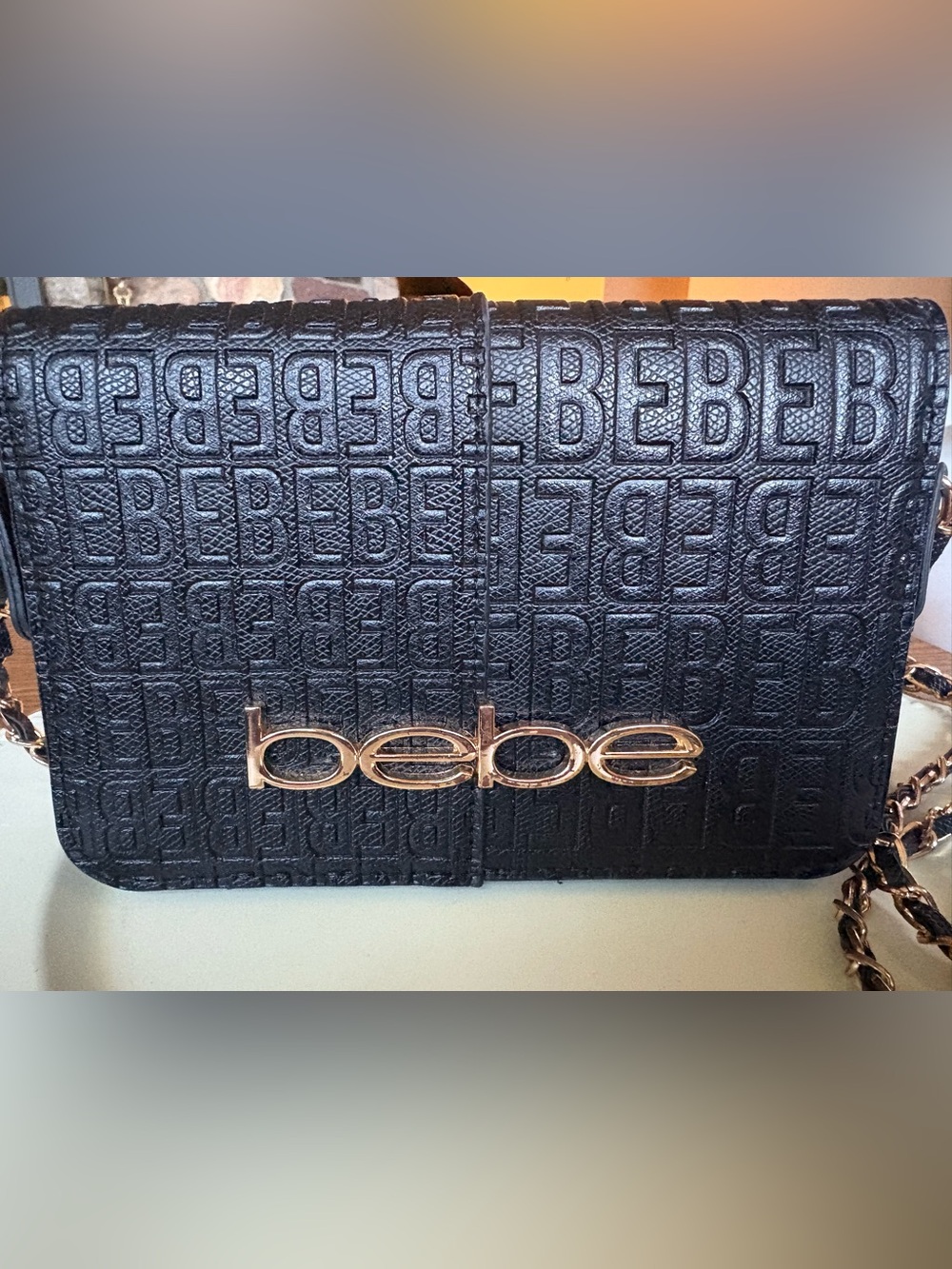 NWOT Bebe Celia Monogram Flap Crossbody Bag Black Gold Chain